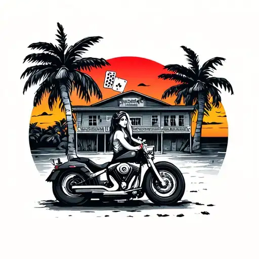 strip with palm trees and sunset in background with an old school beach building, girl on harley holding playing cards  tattoo design idea