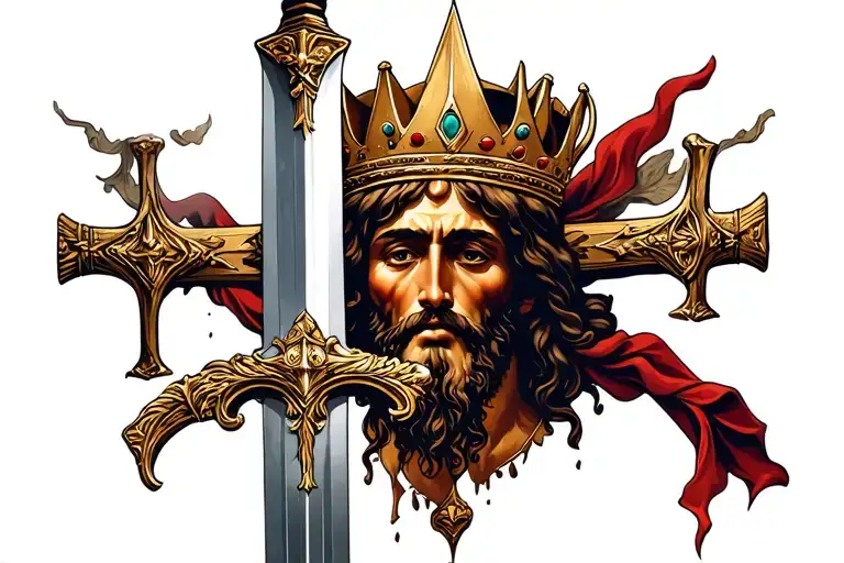 a sword going down with a Jesus type crown surrounded by the sword making a cross for a Christian  tattoo design idea