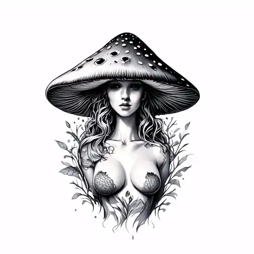 Mushroom lady tattoo made up out of a sensual female body with no overt sexuality, no head, and an ink mushroom top tattoo design idea