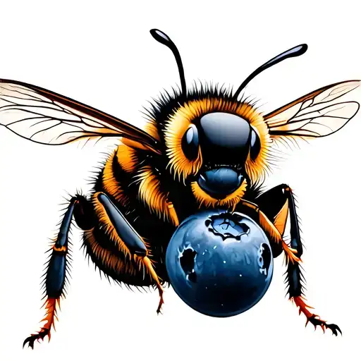  bee facing sideways holding one blueberry   tattoo design idea