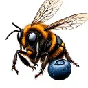  bee facing sideways holding one blueberry   tattoo design idea