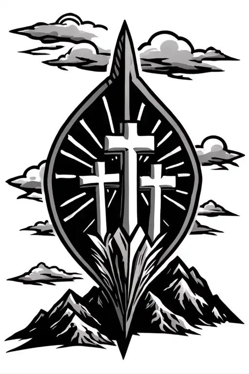 arrowhead outline with 3 crosses on a mountain with sun rays and clouds in the background tattoo design idea