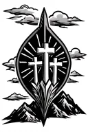 arrowhead outline with 3 crosses on a mountain with sun rays and clouds in the background tattoo design idea