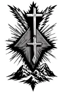 arrowhead outline with 3 crosses on a mountain with sun rays and clouds in the background tattoo design idea