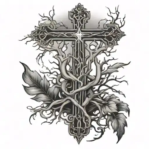cross with roots reaching deep tattoo design idea
