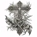 cross with roots reaching deep tattoo design idea