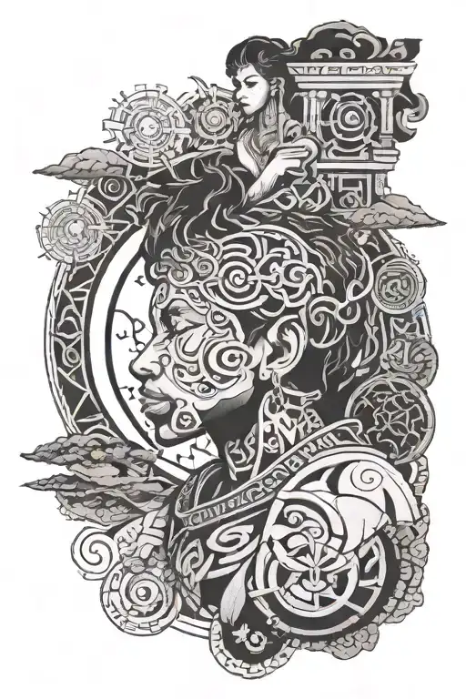 a boy is born, learns magic with ancient civilization themes tattoo design idea