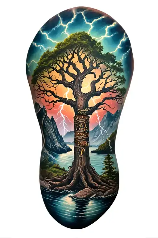 voodoo tree and lightining storm and fjord and nature, belt with rume text tattoo design idea