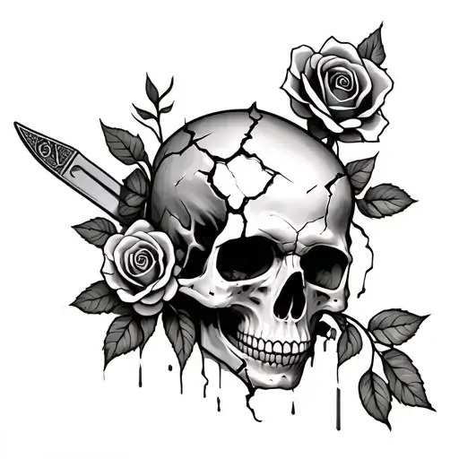 A cracked skull whit a knife in the middle with a rose around it and the rose came out from the right eye socket. tattoo design idea