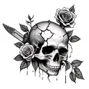 A cracked skull whit a knife in the middle with a rose around it and the rose came out from the right eye socket. tattoo design idea