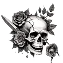 A cracked skull whit a knife in the middle with a rose around it and the rose came out from the right eye socket. tattoo design idea
