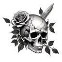 A cracked skull whit a knife in the middle with a rose around it and the rose came out from the right eye socket. tattoo design idea