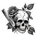 A cracked skull whit a knife in the middle with a rose around it and the rose came out from the right eye socket. tattoo design idea