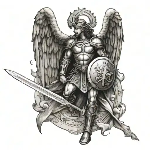 Archangel Saint Michael fighting with a sword in his right hand and a Templar shield in his left hand tattoo design idea