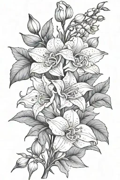 2 lily of the valley flowers 1 primrose flower 1 gladiolus flower 1 rose flower black and grey tattoo tattoo design idea
