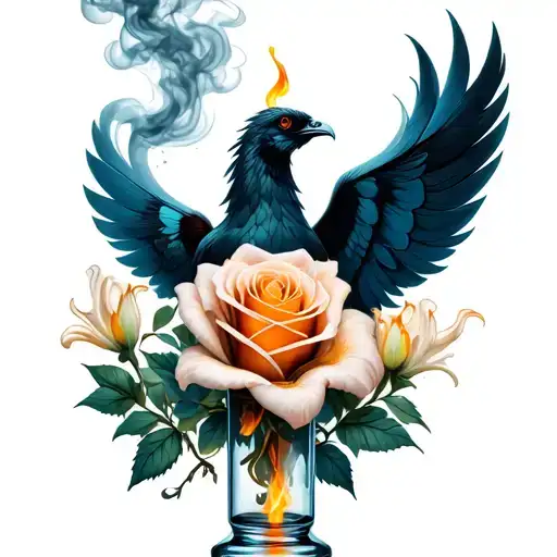 File with a feather in it that ignites the smoke comes out of the vial and a phoenix to be created, roses of lily flowers tattoo design idea