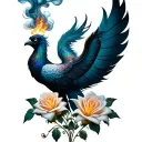 File with a feather in it that ignites the smoke comes out of the vial and a phoenix to be created, roses of lily flowers tattoo design idea