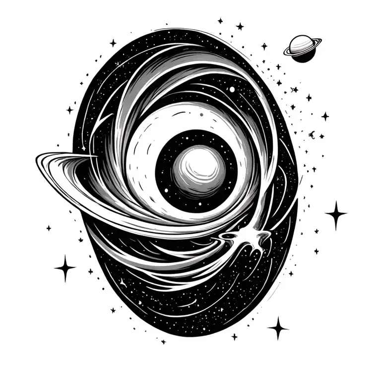 Abstract representation of a black hole sucking in stars and planets tattoo design idea