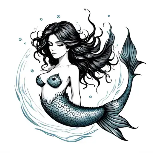 mermaid tattoo with pisces zodiac sign tattoo design idea
