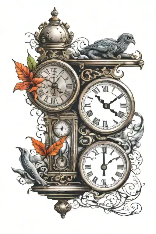 A tattoo of a disciplined mind symbolized by a clock and a set of scales tattoo design idea