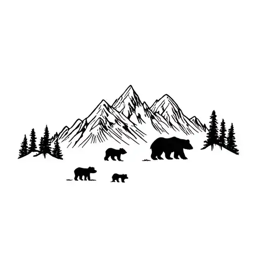 grand teton mountain range with mama bear and 3 cubs tattoo design idea