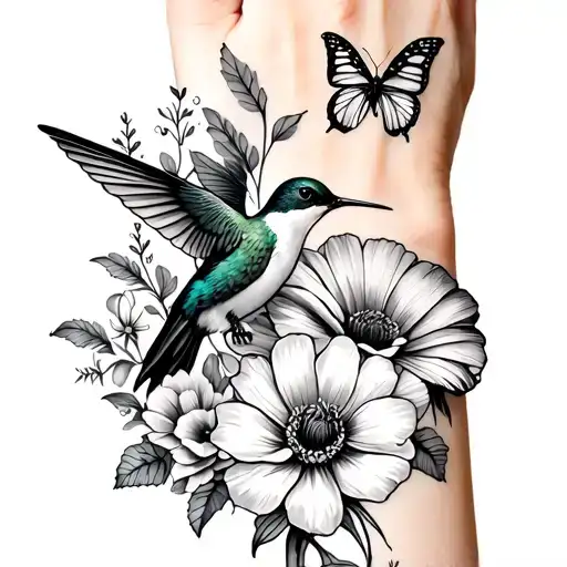 wrist wrap with hummingbird, butterfly's, poppy flower, carnation flower, lily flower, Aster flower tattoo design idea