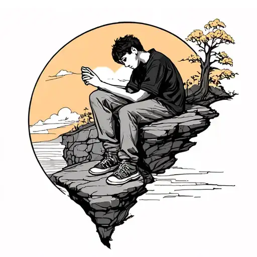 melancholic boy sitting on a cliff and sky sunnshine tattoo design idea