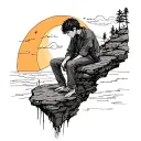 melancholic boy sitting on a cliff and sky sunnshine tattoo design idea