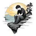 melancholic boy sitting on a cliff and sky sunnshine tattoo design idea