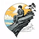 melancholic boy sitting on a cliff and sky sunnshine tattoo design idea