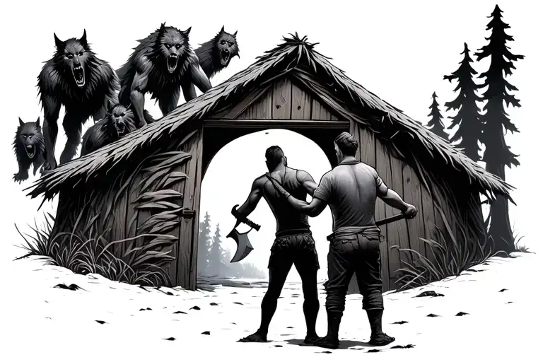 a man with an axe in hand opening the door to his hut exposing a group of terrifying werewolves outside tattoo design idea