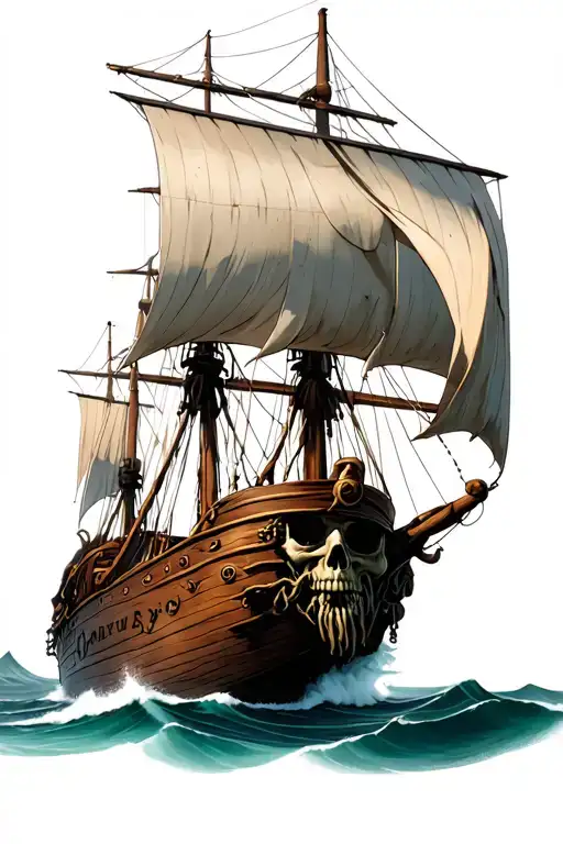 pirate ship seen from the front with the face of Davy Jones under the boat tattoo design idea