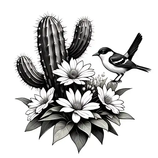 Desert landscape, cactus with flowers and mocking bird sip nectar from the flower tattoo design idea