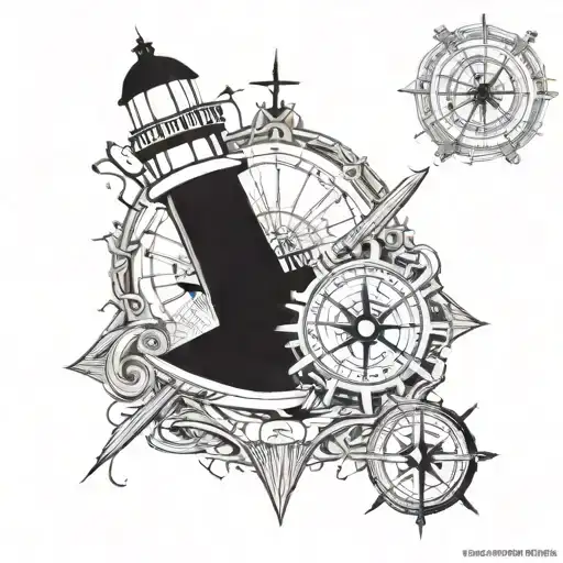 lighthouse, anchor, compass rose intertwined tattoo design idea