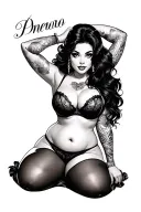 Pin Up BBW Girl, Long Black Hair, Wearing Lingerie, Sexy Pose, Seductive, Small breast, Big belly, Big ass, Wide legs tattoo design idea