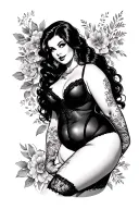 Pin Up BBW Girl, Long Black Hair, Wearing Lingerie, Sexy Pose, Seductive, Small breast, Big belly, Big ass, Wide legs tattoo design idea