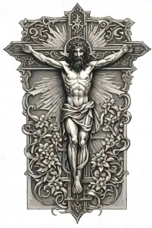 Jesus on cross with angles pulling him up to haven   tattoo design idea