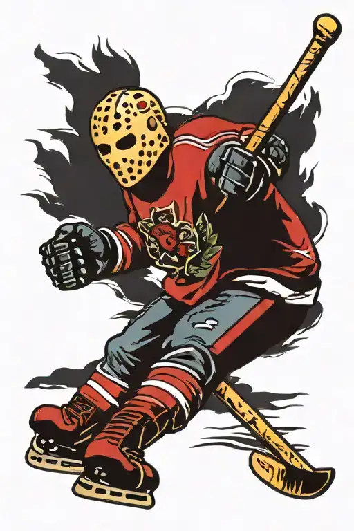 Jason voorhes in a hockey equipament with a hockey stick skating tattoo design idea