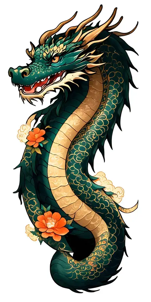 Haku dragon from spirited away in Clair obscur expedition 33 gold style with flower and clouds tattoo design idea