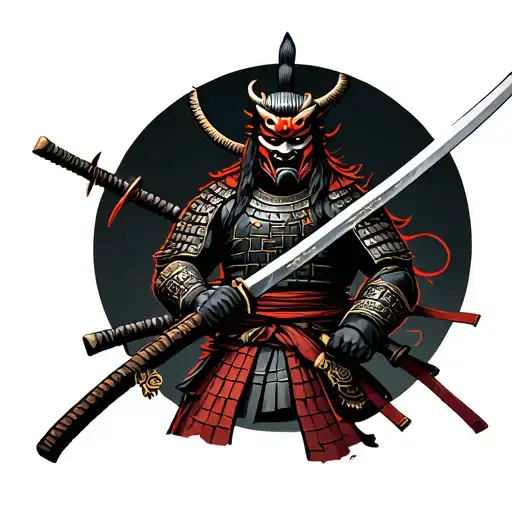 full body samurai warriror with oni mask on his face with katana in his hands tattoo design idea