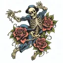 A dancing skeleton surrounded by blooming flowers tattoo design idea