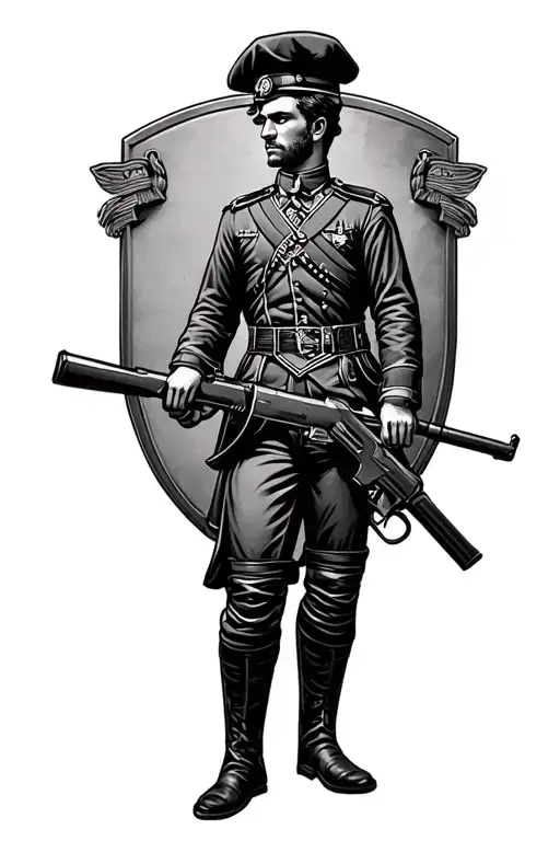 11th hussars emblem, beret hanging off the top, sten gun leaning against the side of the emblem, shilouette of a man tattoo design idea
