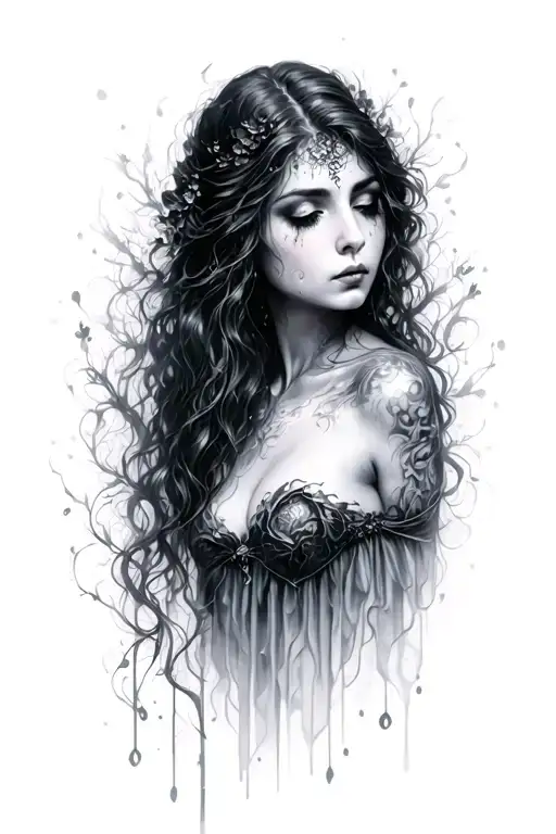 solemn, mysterious sensual feminine figure— of forgotten places and memories, embodies sorrow, stillness,through the fog tattoo design idea