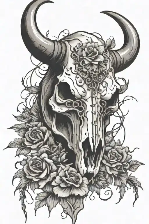 western theme that has barbed wire and flowers surrounding bull skull tattoo design idea