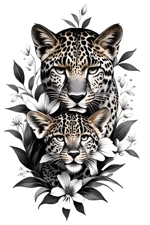 leopard and leopard cub snow drop flower intertwined tattoo design idea