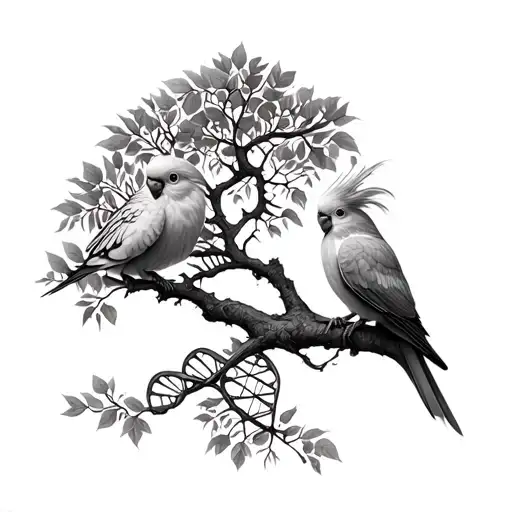 A tree with a DNA stem, a cockatiel bird, magnetic, father and daughter, roots, leaves, timeless, Taurus and virgo tattoo design idea