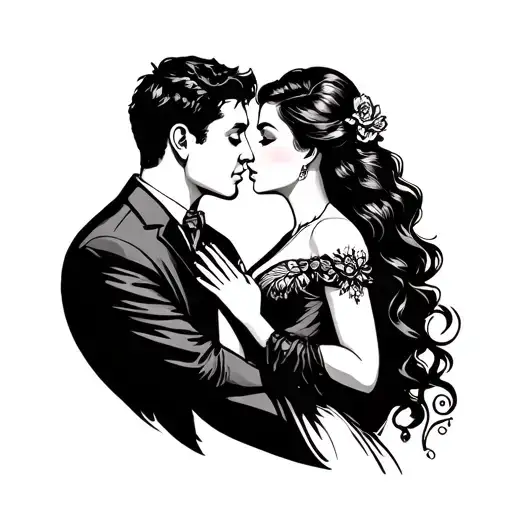 Create a traditional old-school tattoo flash style illustration of a man and woman in a romantic embrace, kissing each o tattoo design idea