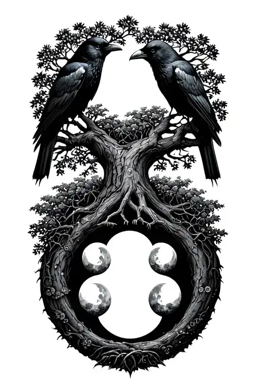 tree of life with two crows in the top of the tree and hecates moon phases in the trunk tattoo design idea