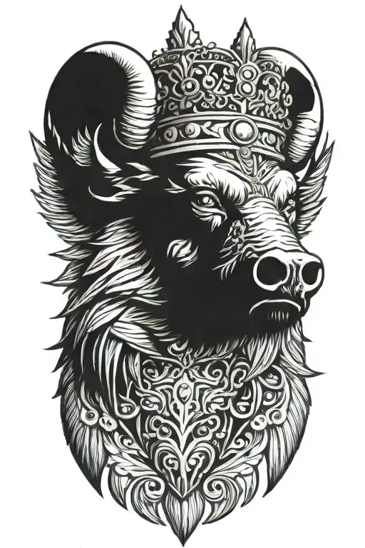 angry boar head with wings wearing a crown with blue eyes tattoo design idea
