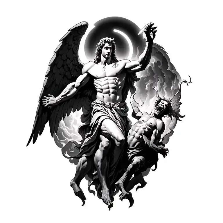 Archangel michael with halo on his head defeating satan emerging from hell  tattoo design idea